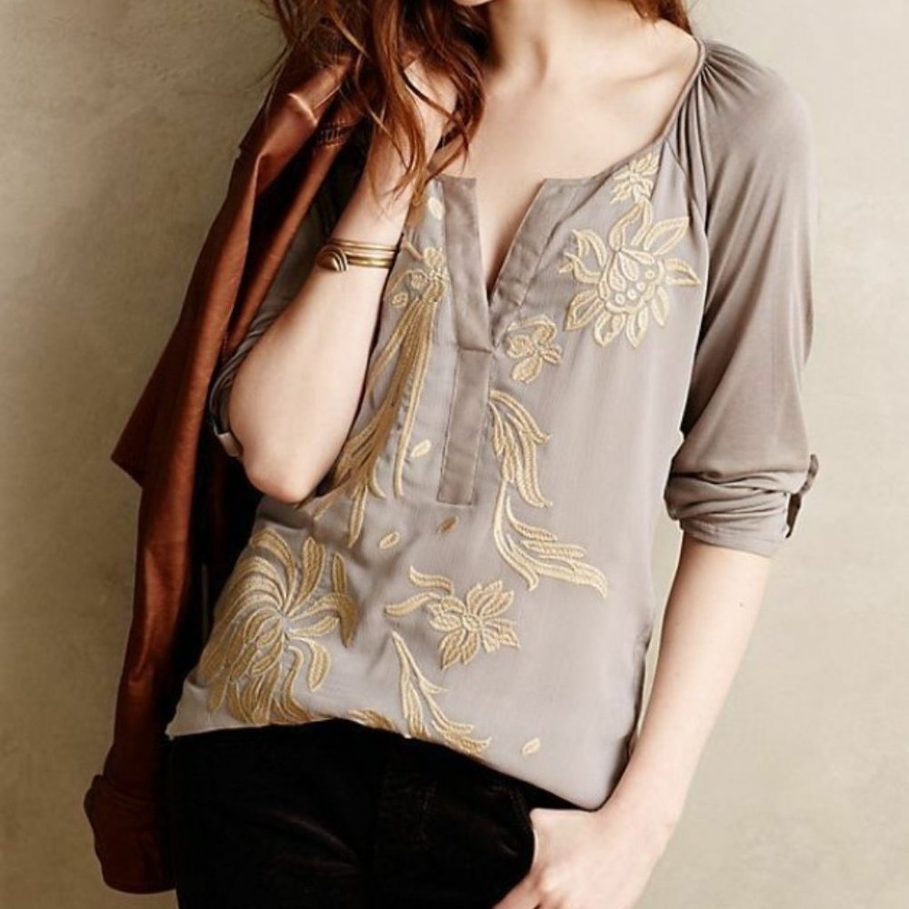 Anthropologie Tiny Brand Lore Embroidered Boho Henley Top Shirt S Gray